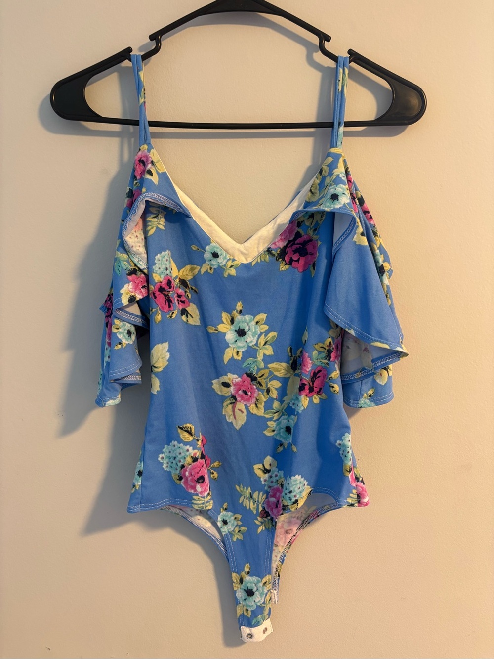 Blue Floral Cold-Shoulder Bodysuit with Ruffle Sleeves